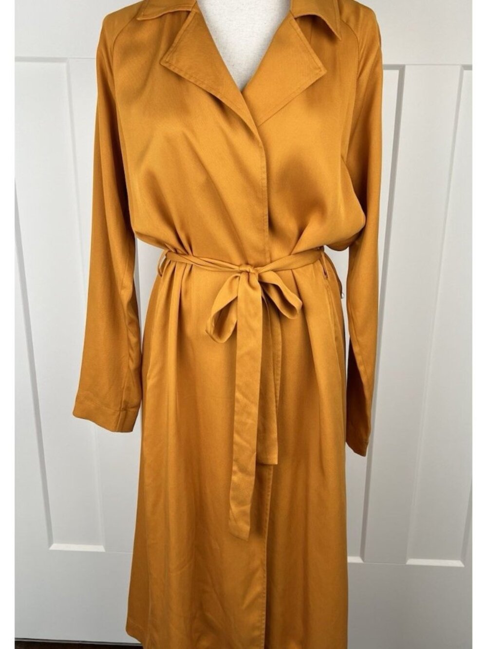 Comune Mustard Gold Open Front Trench Coat Women M Tie Waist Duster Jacket